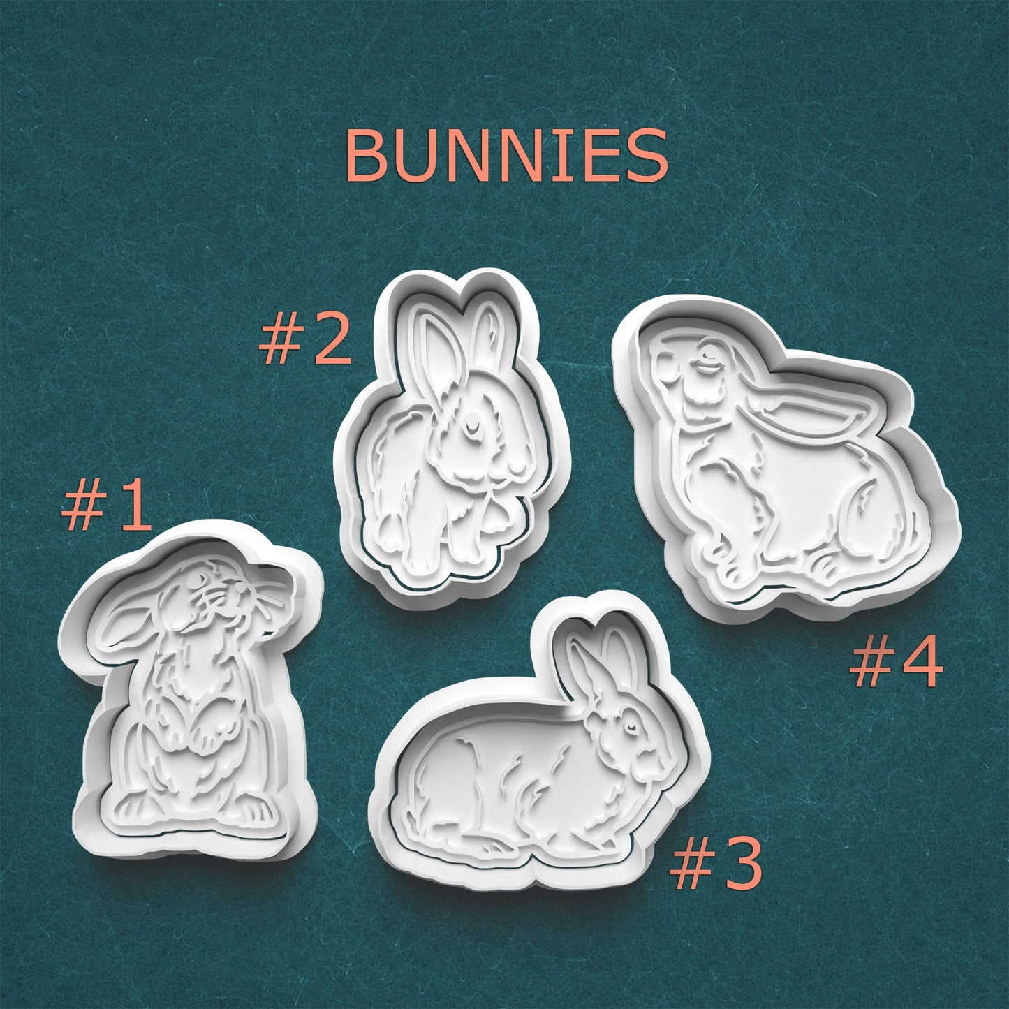 Four bunny-shaped cookie cutters on a teal background with 'Bunnies' text above.