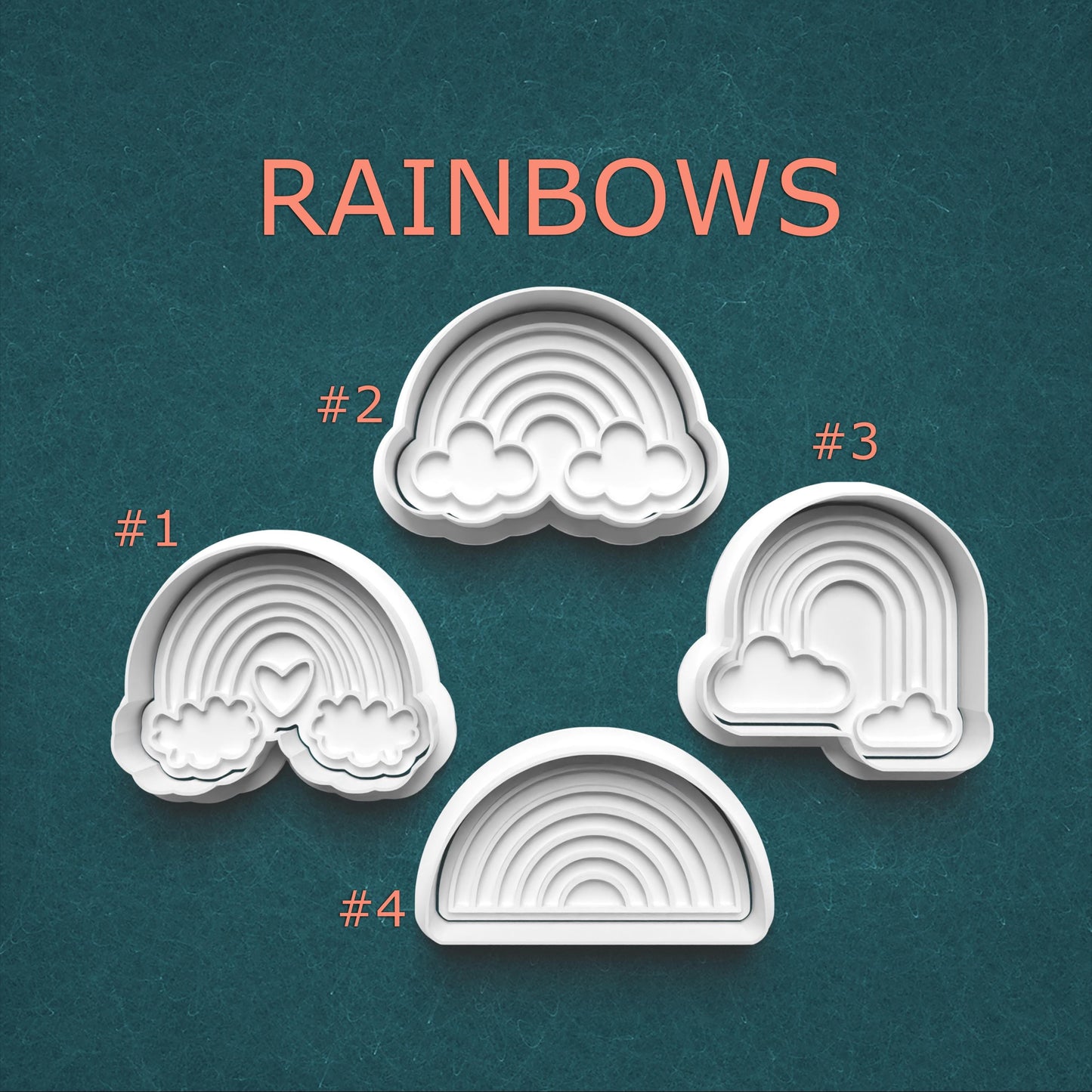 Four rainbow-shaped cookie cutters on a teal background with 'RAINBOWS' text.