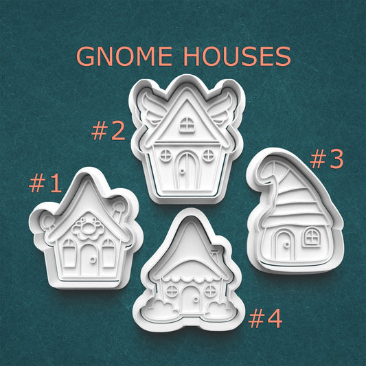 Four gnome house-shaped cookie cutters on a teal background with 'Gnome Houses' text.