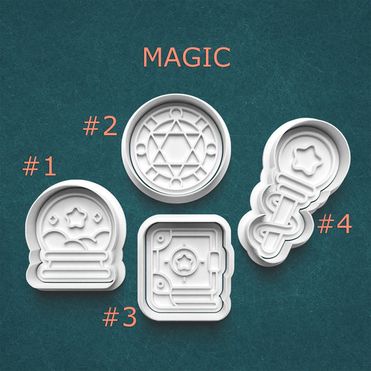 Four magical-themed cookie cutters with symbols on a teal background, labeled with numbers.