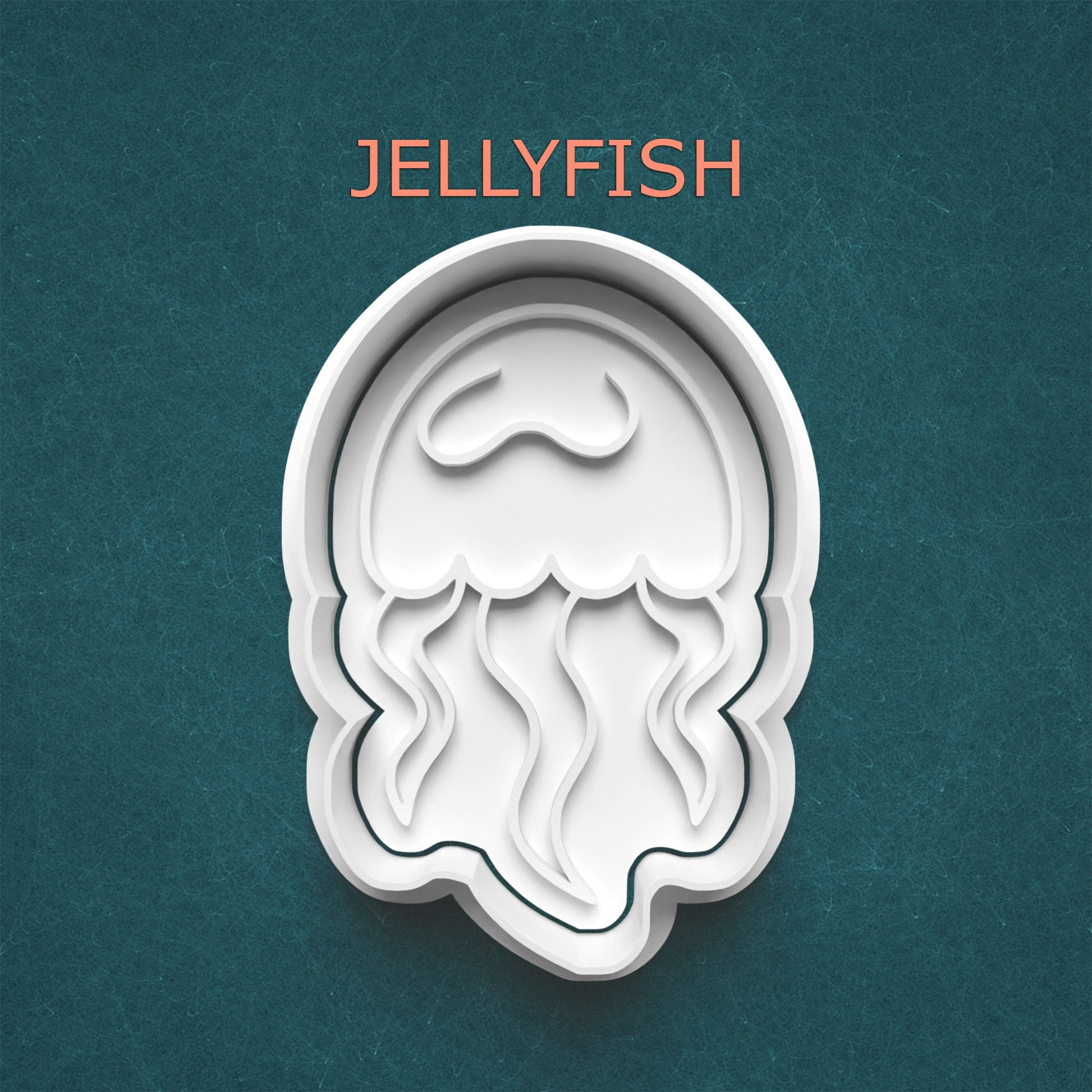 Jellyfish-shaped cookie cutter on a teal background with 'JELLYFISH' text above.
