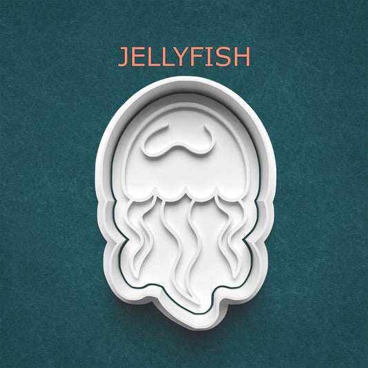 Jellyfish-shaped cookie cutter on a teal background with 'JELLYFISH' text above.