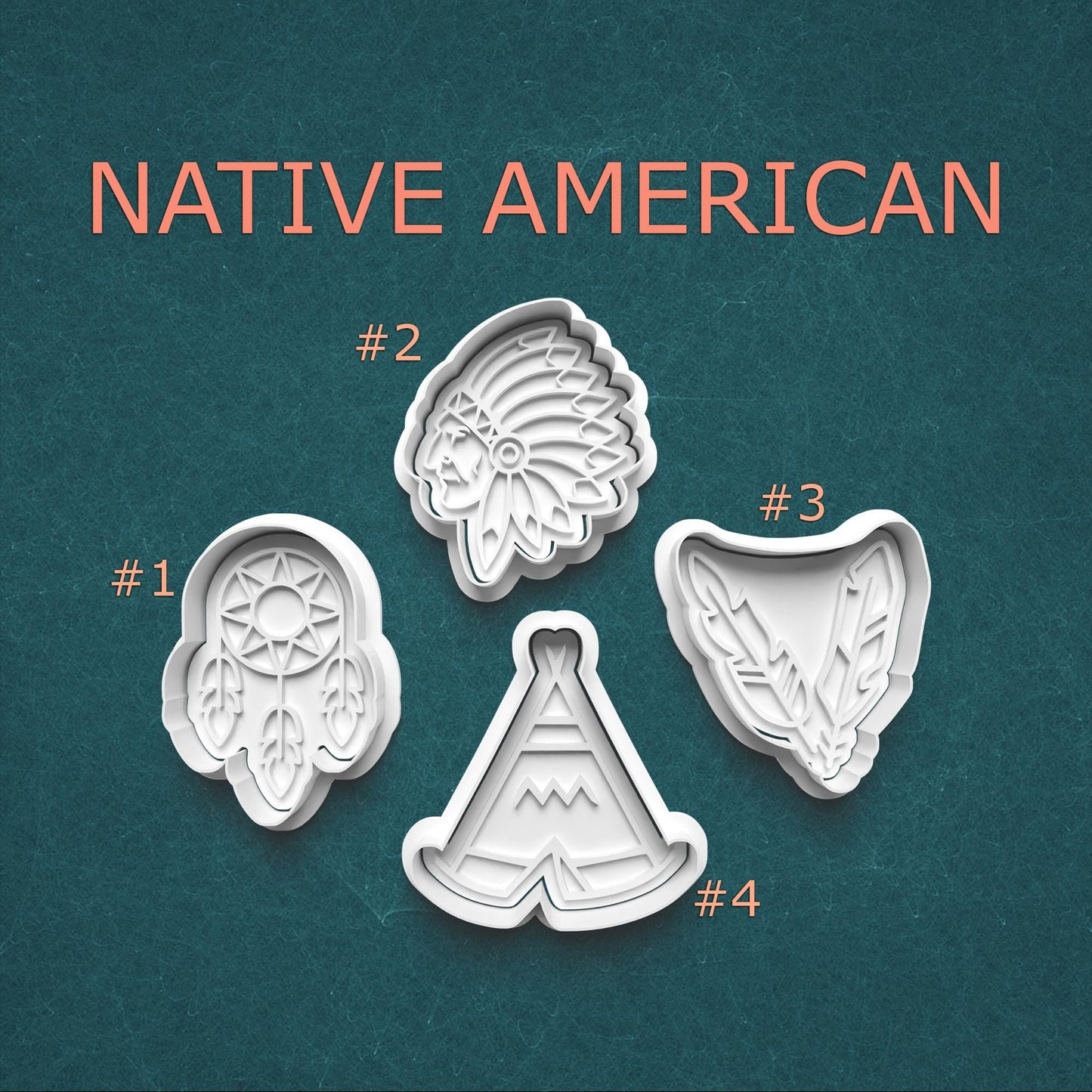 Set of Native American-themed cookie cutters on a teal background