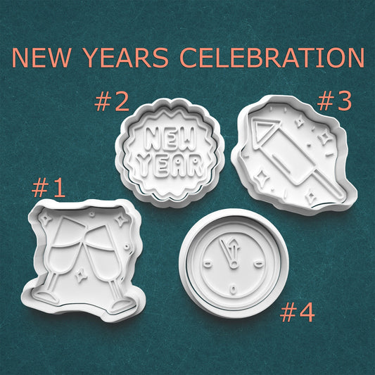 New Year’s Celebration Cookie Cutters – Party Set with Champagne, Firework, Clock & Sign (Tiny to Large)