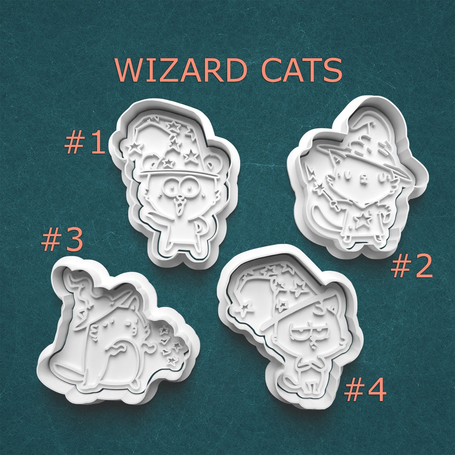 Set of four cookie cutters with 'Wizard Cats' design on a teal background