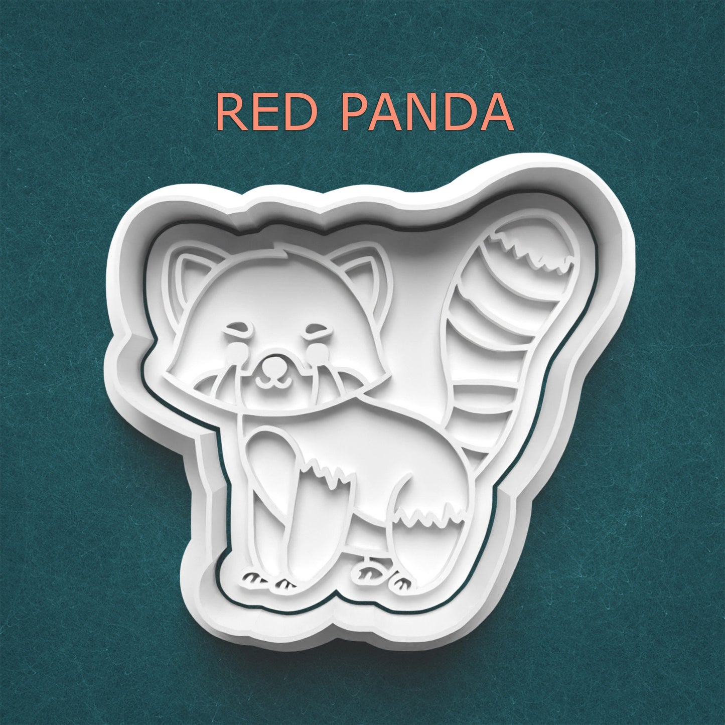 Red panda-shaped cookie cutter on a teal background with 'RED PANDA' text above.