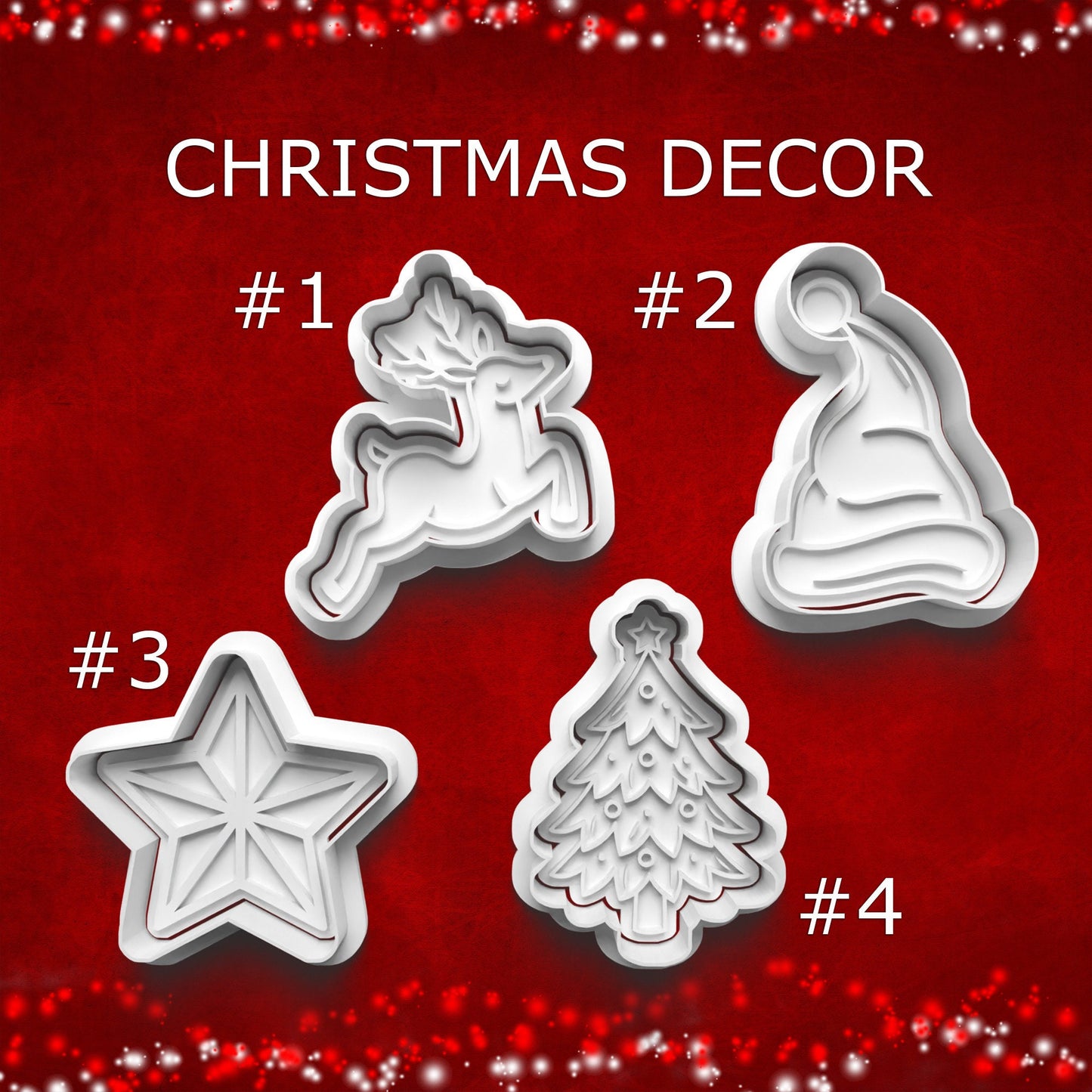 Christmas Decor Cookie Cutters – Reindeer, Santa Hat, Star & Tree Set