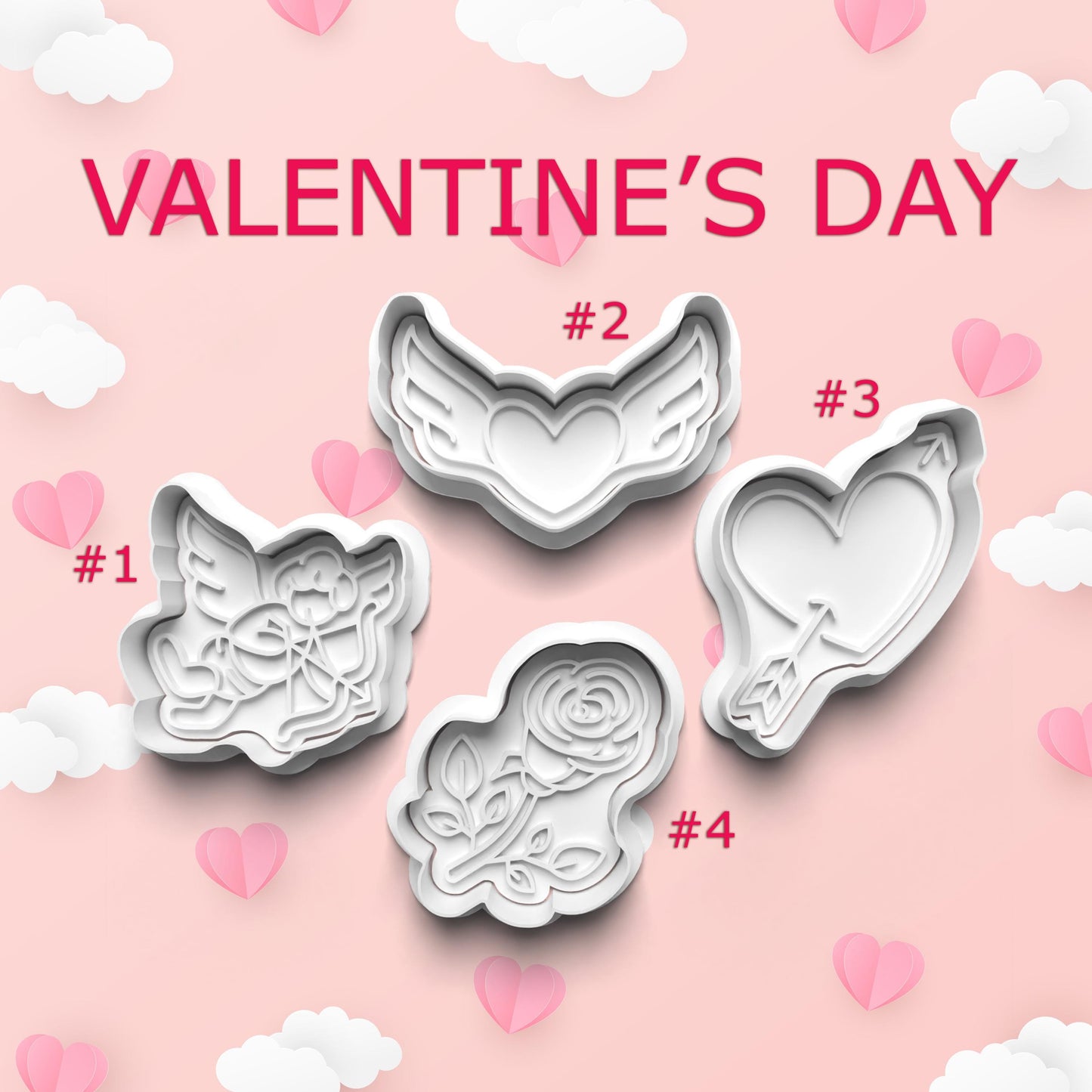 Set of Valentine's Day-themed cookie cutters on a pink background with hearts and clouds.