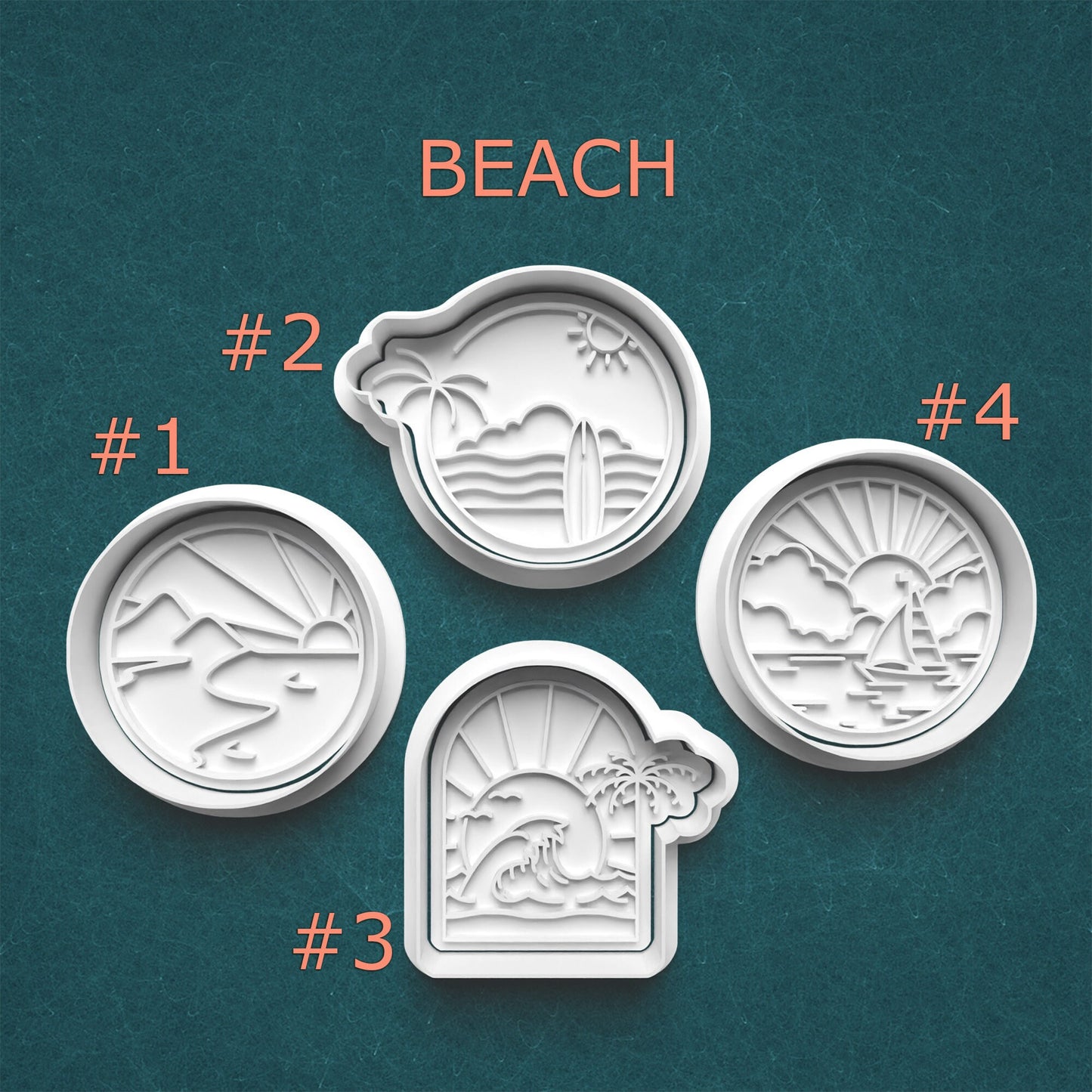 Set of four beach-themed cookie cutters on a teal background