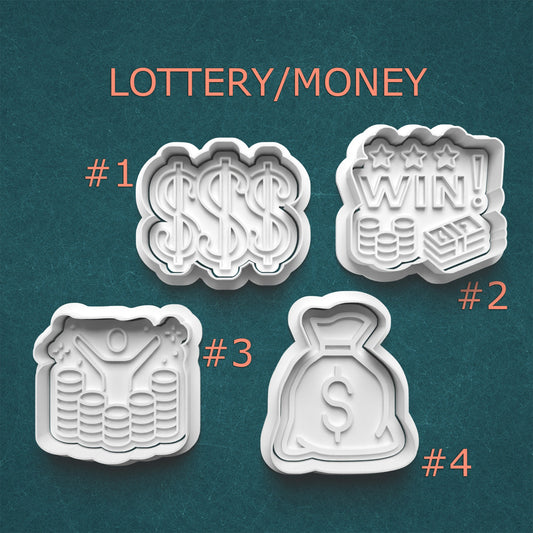 Four cookie cutters with lottery/money designs on a teal background