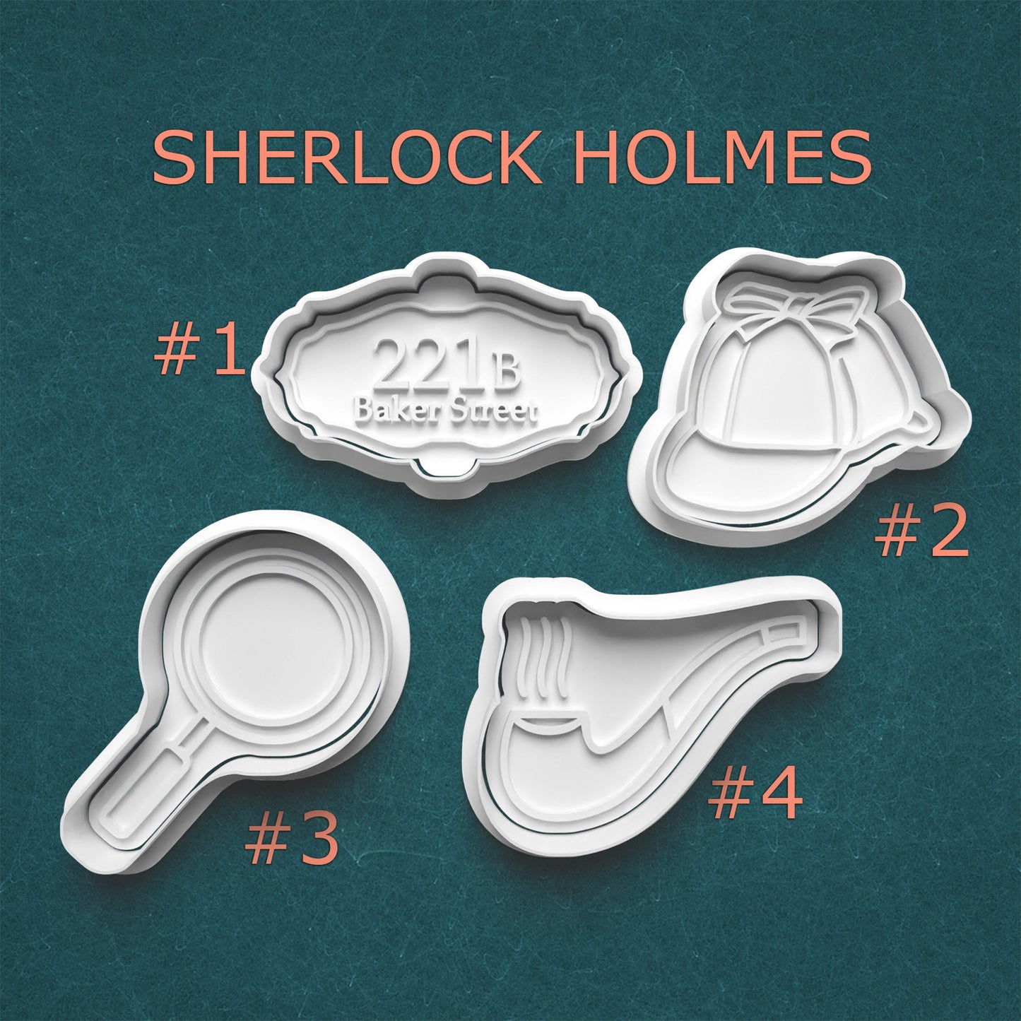Set of cookie cutters with Sherlock Holmes theme on a dark green background