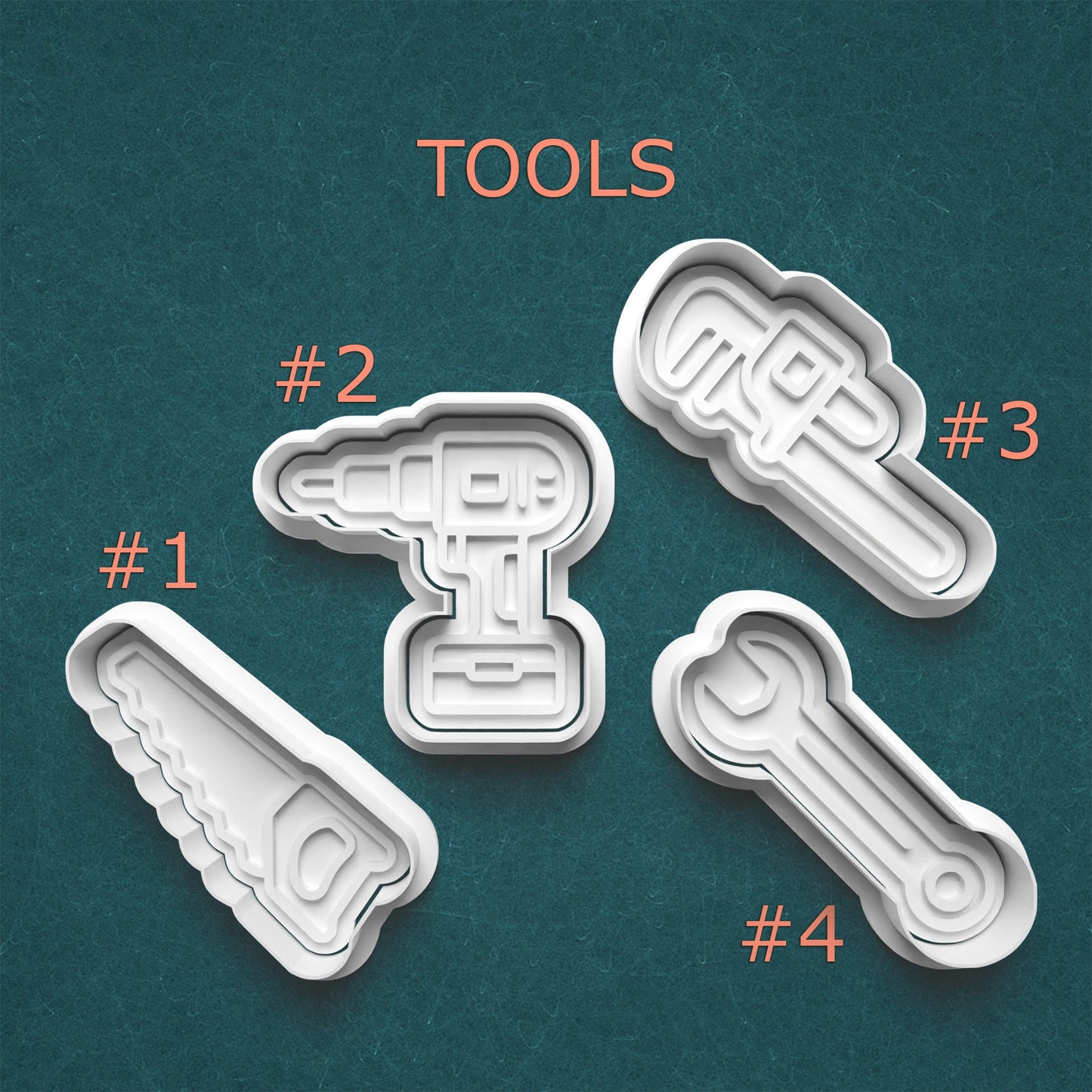 Four cookie cutters shaped like tools on a teal background