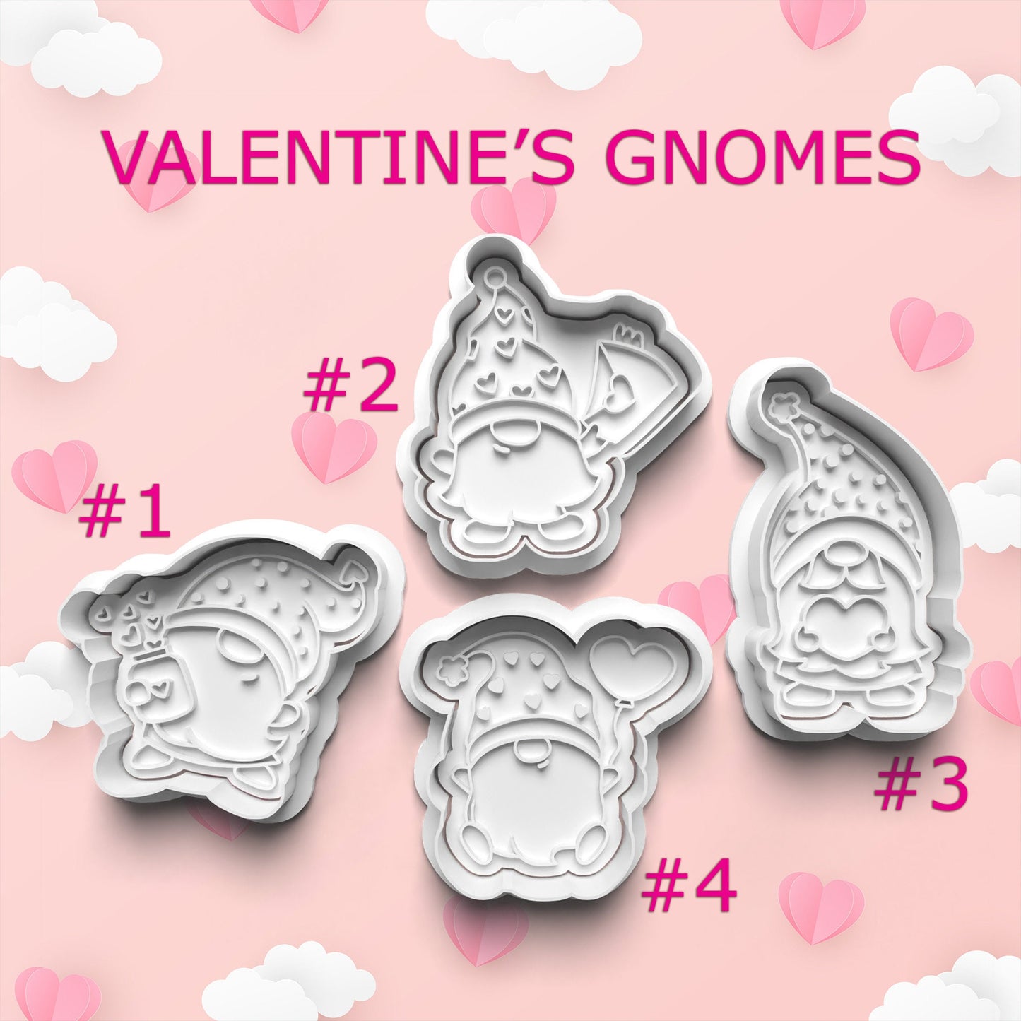 Four Valentine's gnome-shaped cookie cutters on a pink background with hearts and clouds.