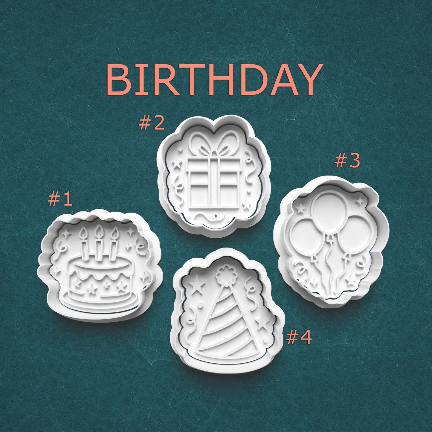 Birthday Celebration Cookie Cutter & Stamp Set – 4 Party Icons