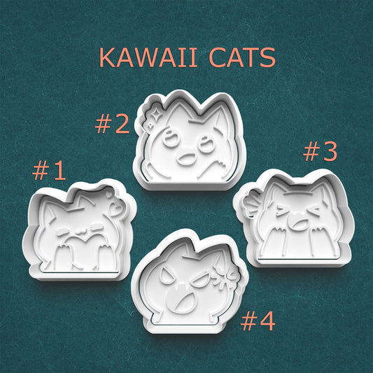 Four Kawaii cat-shaped cookie cutters on a teal background with 'Kawaii Cats' text.