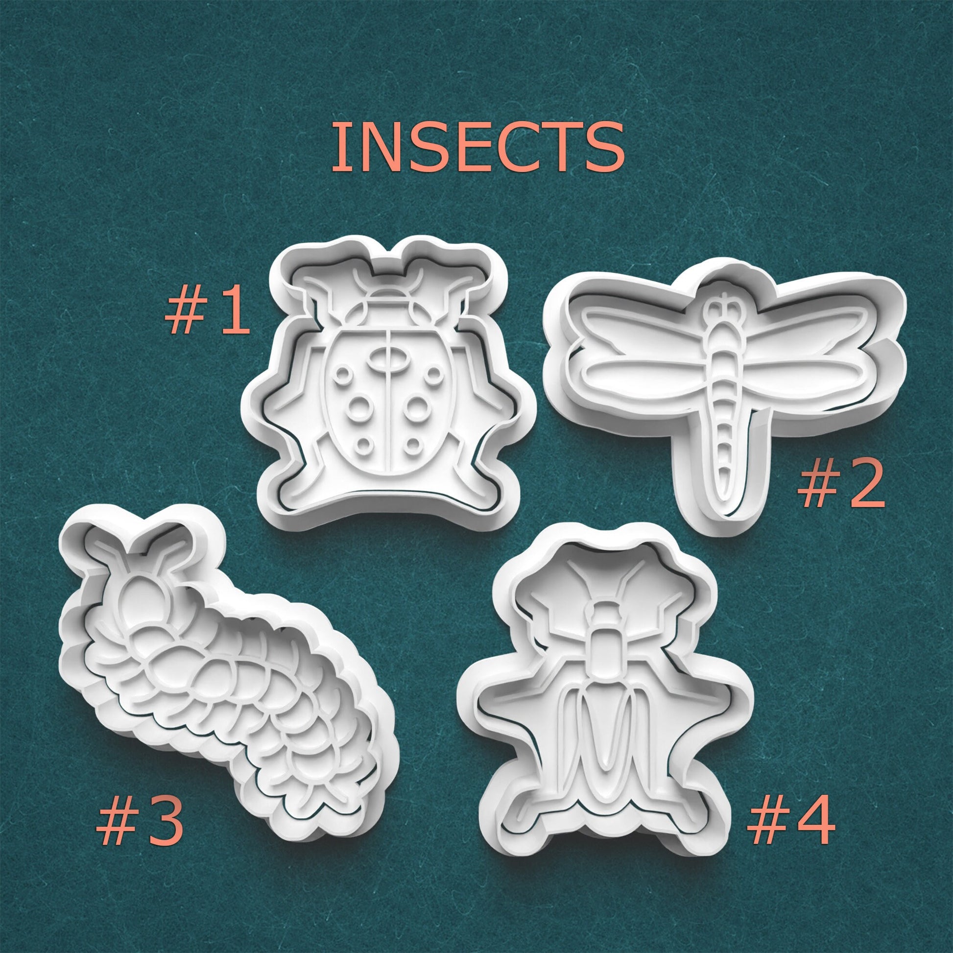 Set of four insect-shaped cookie cutters on a teal background