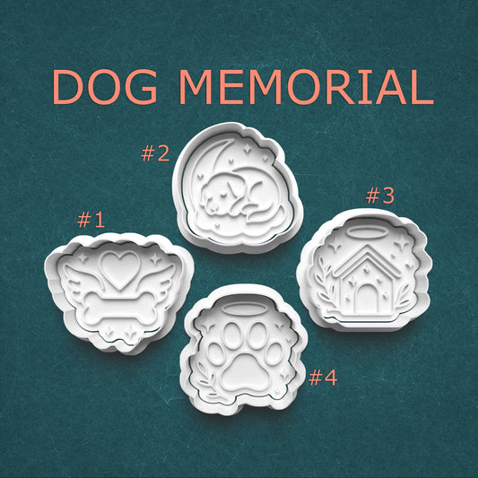 Dog memorial cookie cutters with designs on a teal background