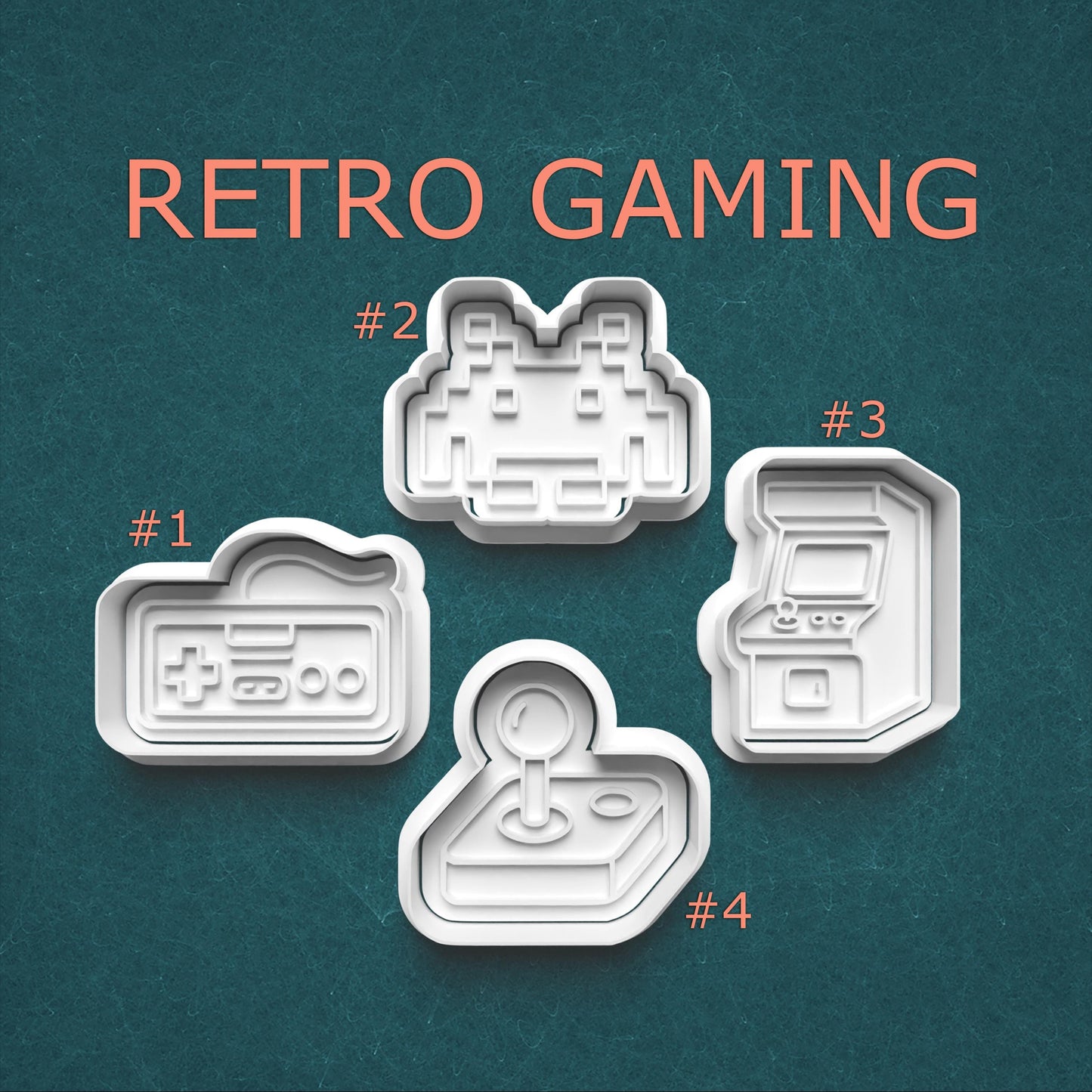 Four retro gaming-themed cookie cutters on a teal background with 'Retro Gaming' text.