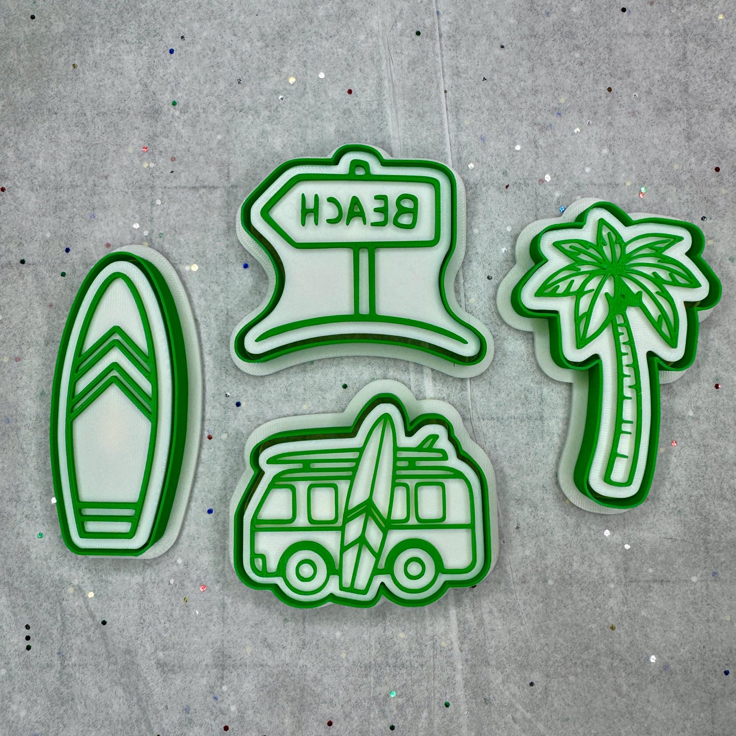 Surfing Cookie Cutter Set – Surfboard, Van, Palm Tree & Beach Sign