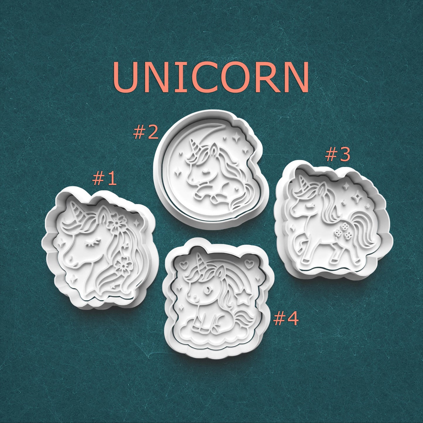 Set of unicorn-themed cookie cutters on a teal background