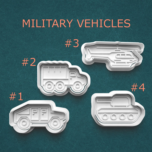 Set of four military vehicle cookie cutters on a teal background