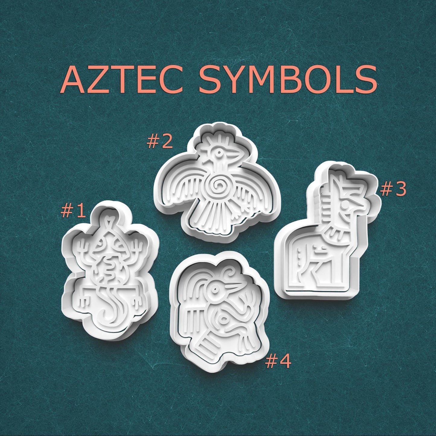 Four Aztec symbol cookie cutters on a teal background with 'Aztec Symbols' text.