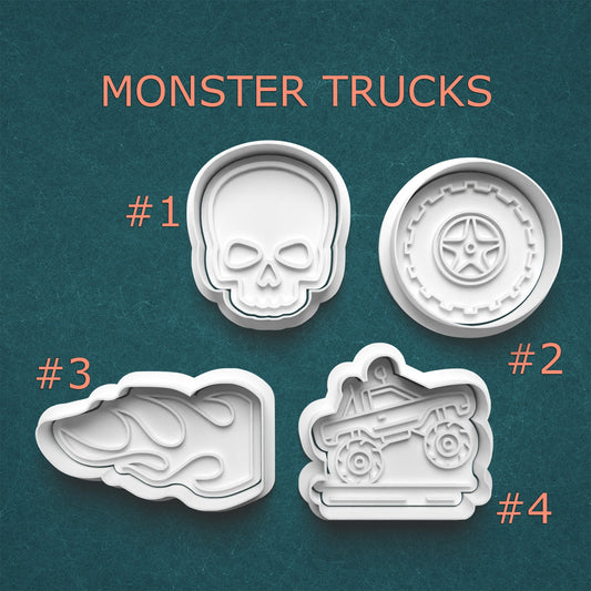 Monster Truck Cookie Cutters – Skull, Tire, Flames & Truck