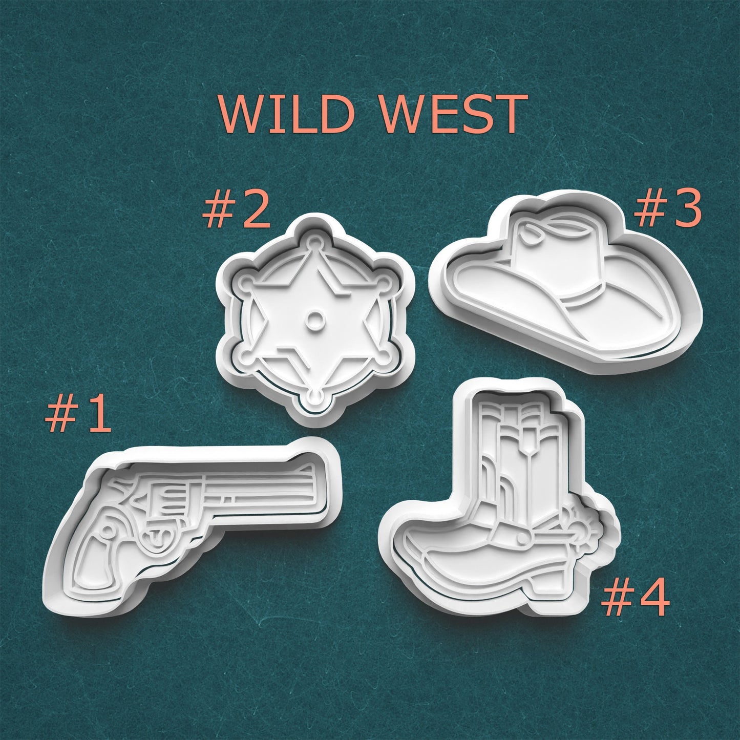 Four Wild West-themed cookie cutters on a teal background
