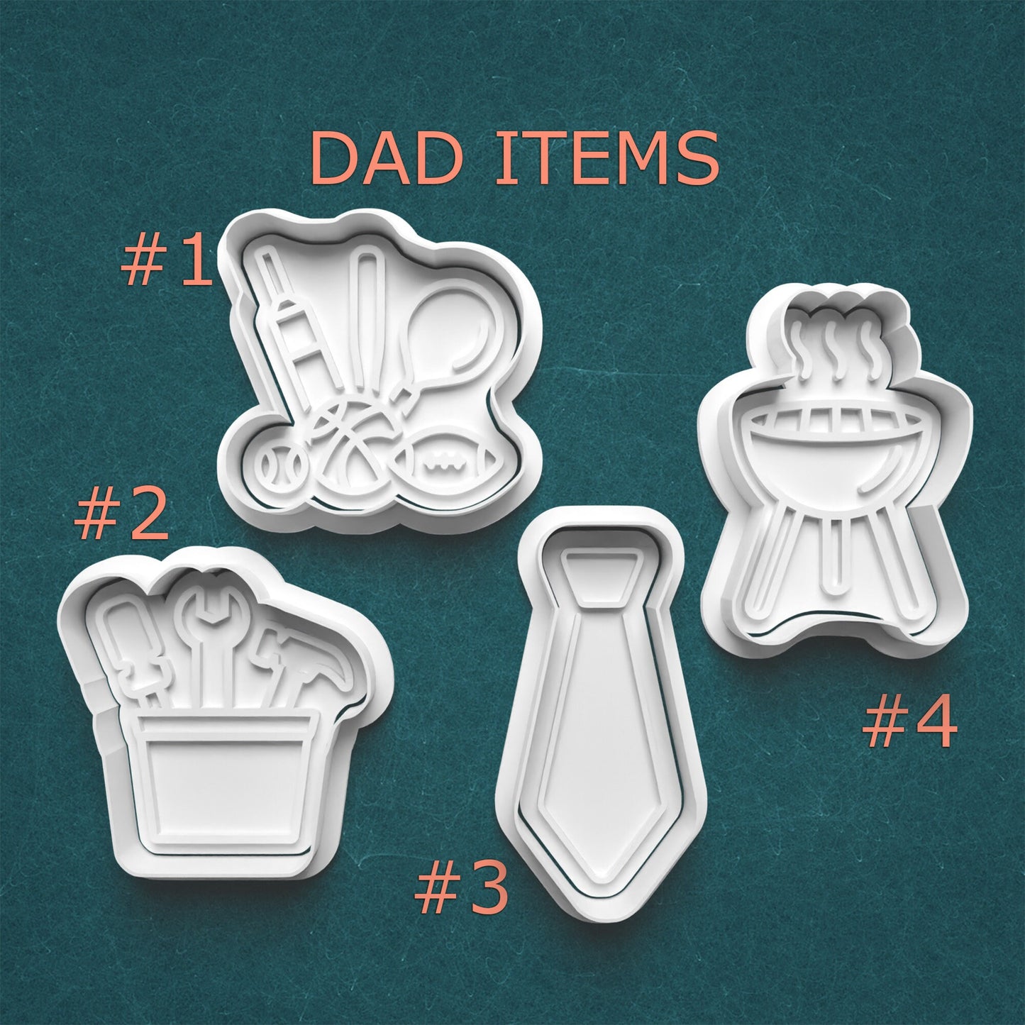 Four cookie cutters shaped like a sports ball, toolbox, tie, and grill on a teal background with 'DAD ITEMS' text.