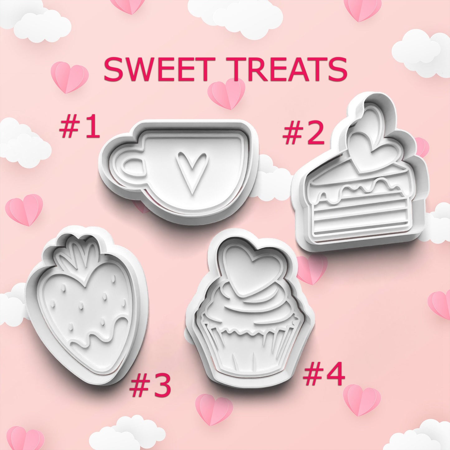 Set of four cookie cutters with shapes including a heart, cupcake, cake, and strawberry on a pink background with 'Sweet Treats' text.