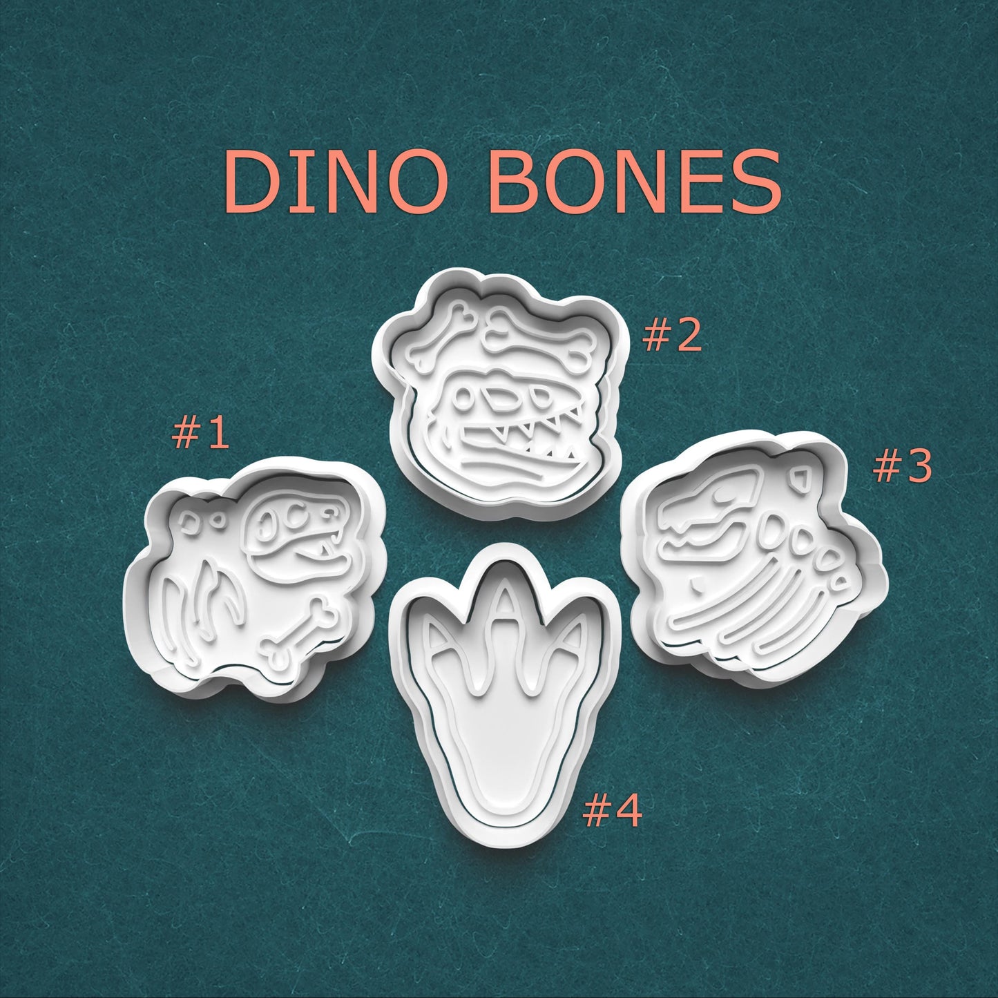 Set of four dinosaur bone-shaped cookie cutters on a teal background with 'DINO BONES' text.