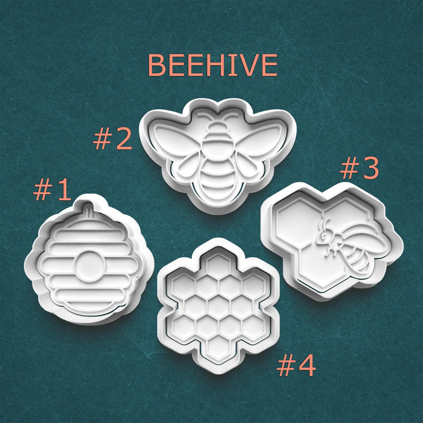 Set of four bee-themed cookie cutters labeled #1 to #4 on a teal background.