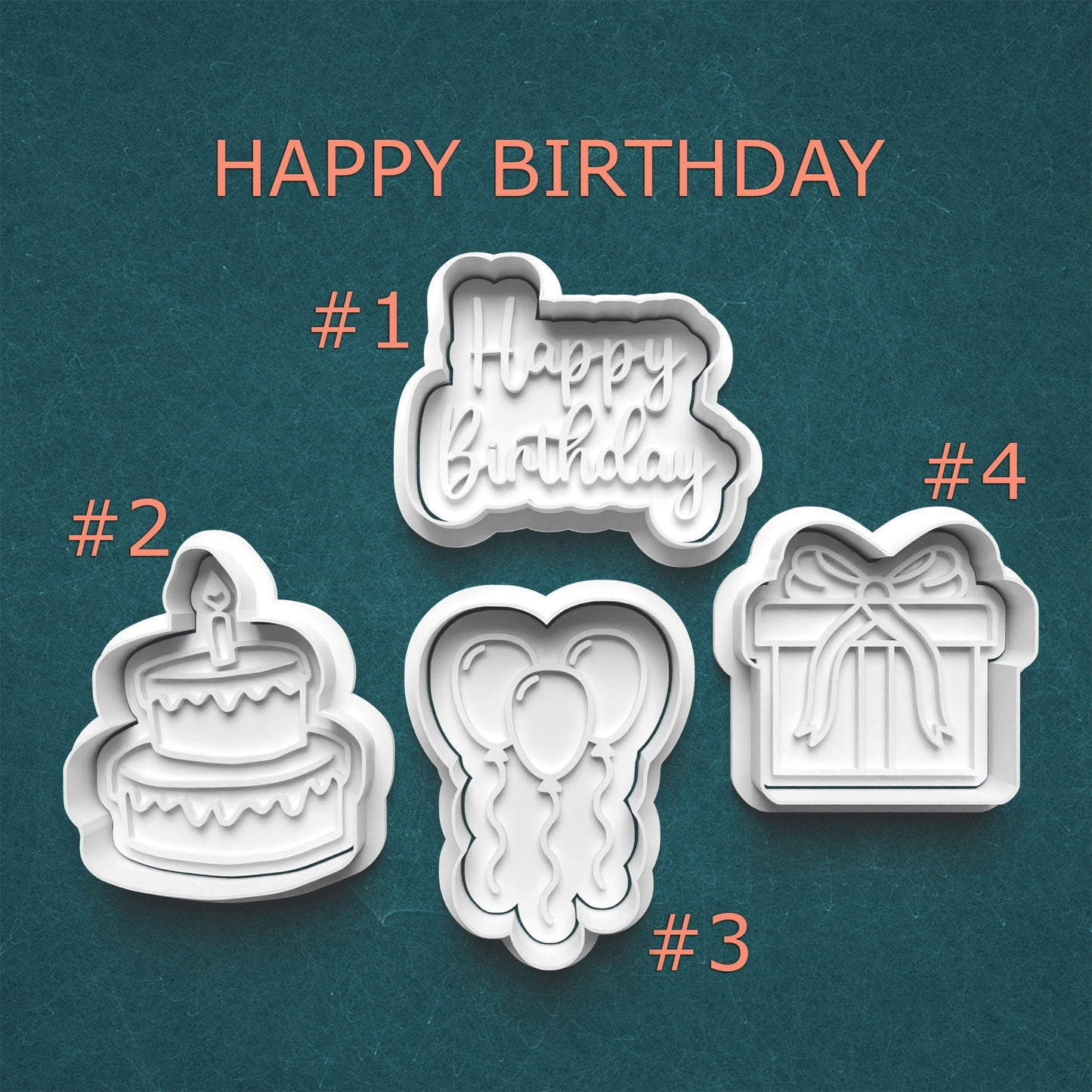 Set of four birthday-themed cookie cutters on a teal background with 'Happy Birthday' text.
