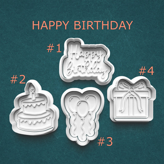 Set of four birthday-themed cookie cutters on a teal background with 'Happy Birthday' text.