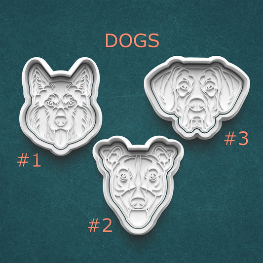 Three dog-shaped cookie cutters on a teal background with 'DOGS' text above them.