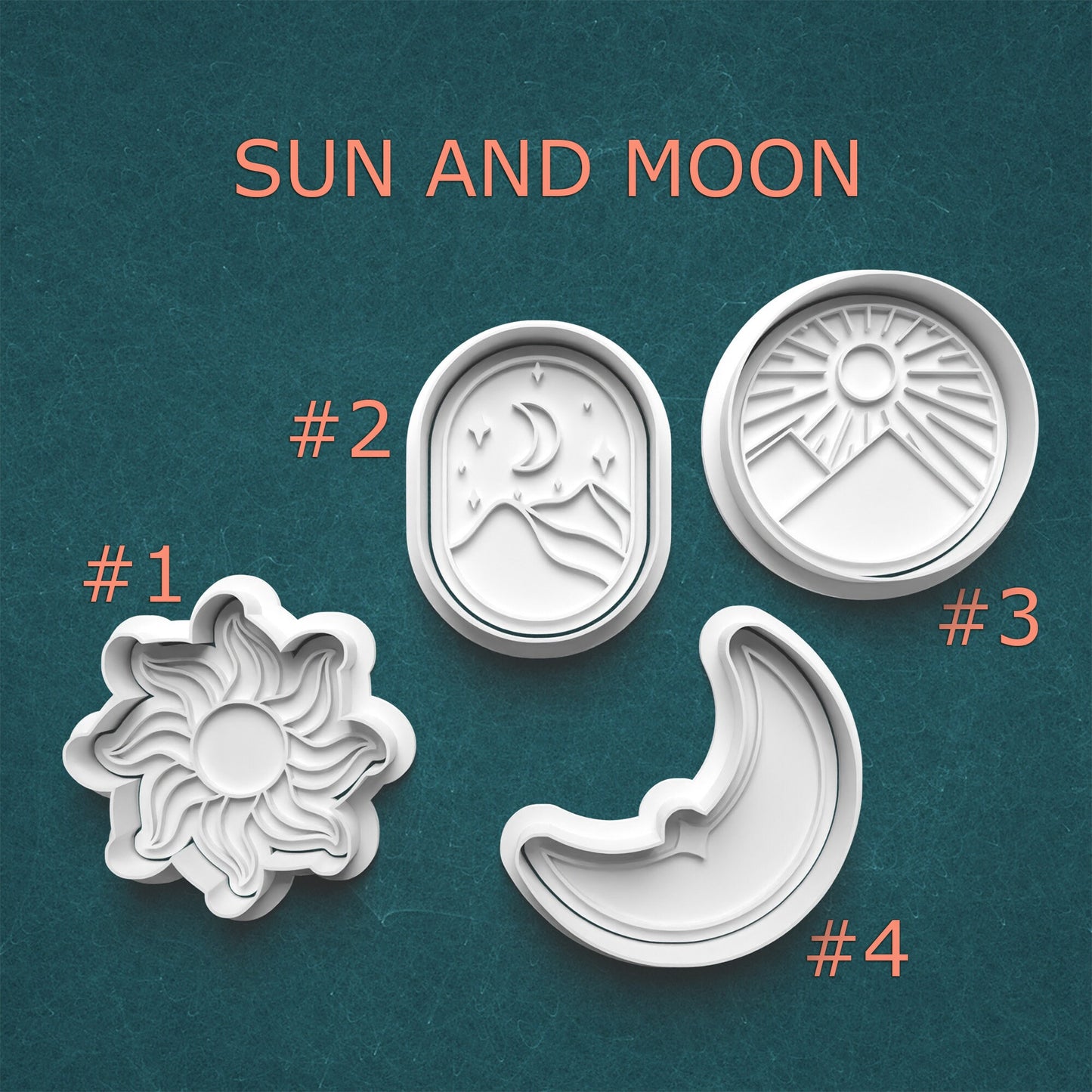 Four cookie cutters shaped like suns and moons on a teal background