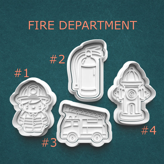 Set of fire-themed cookie cutters on a teal background with 'Fire Department' text.