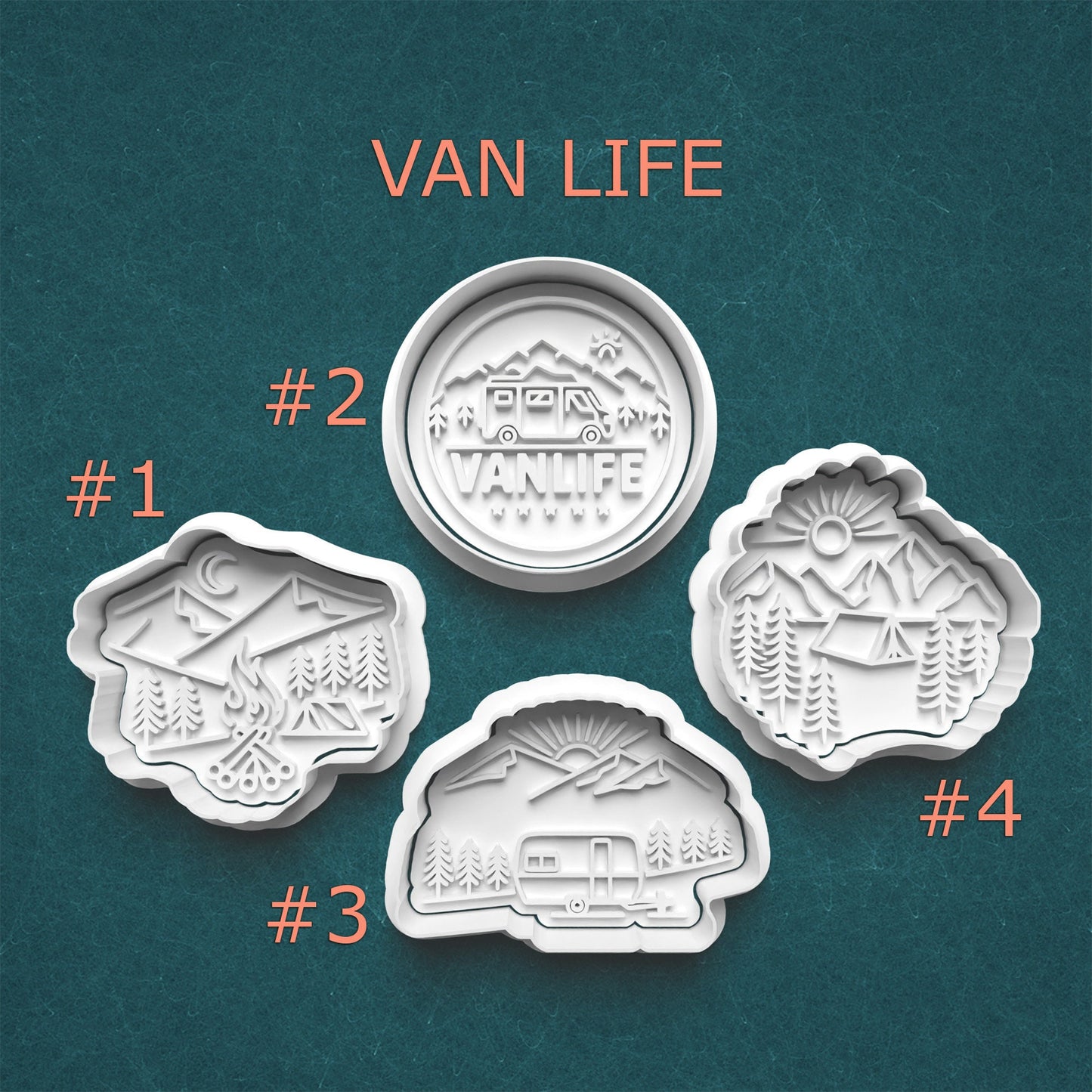 Four 'Van Life' themed cookie cutters on a teal background