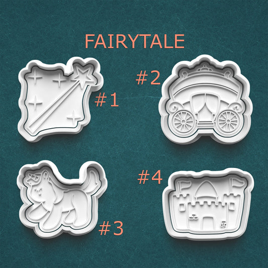Set of four fairytale-themed cookie cutters on a teal background