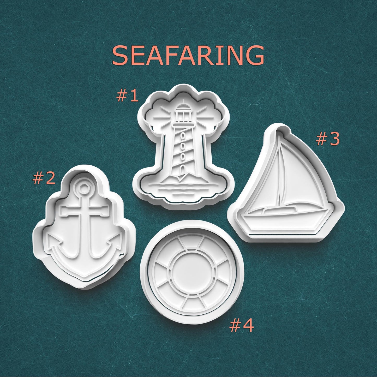 Set of four seafaring-themed cookie cutters on a teal background with 'SEAFARING' text.