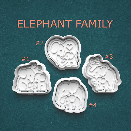 Set of four elephant-shaped cookie cutters on a teal background with 'Elephant Family' text.