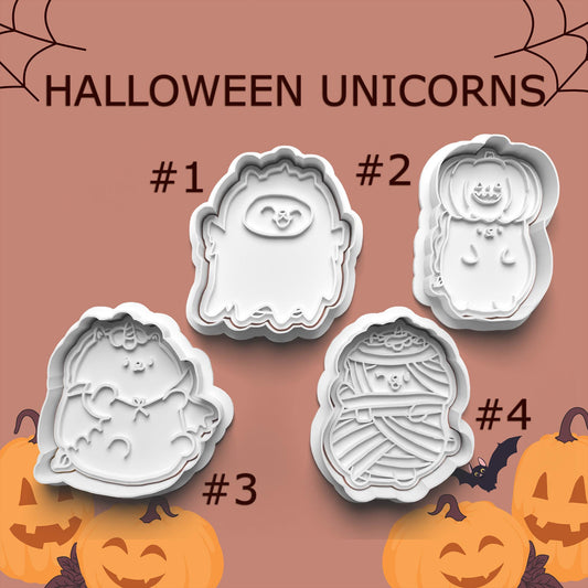Halloween Unicorn Cookie Cutter Set – 4 Adorable Spooky Unicorns (Ghost, Pumpkin, Bat & Mummy)