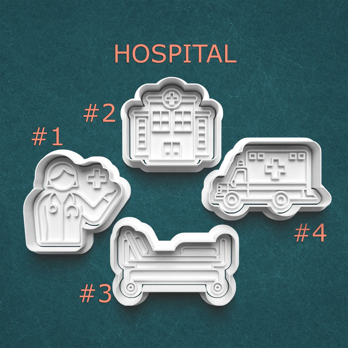 Set of four cookie cutters shaped like a hospital, doctor, ambulance, and patient bed on a teal background.