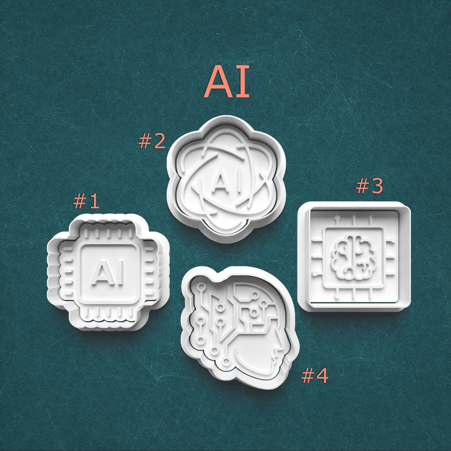 Four cookie cutters with 'AI' design on a teal background