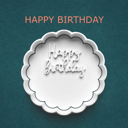 Happy Birthday Cookie Cutter – Round Scalloped Edge with Script Font