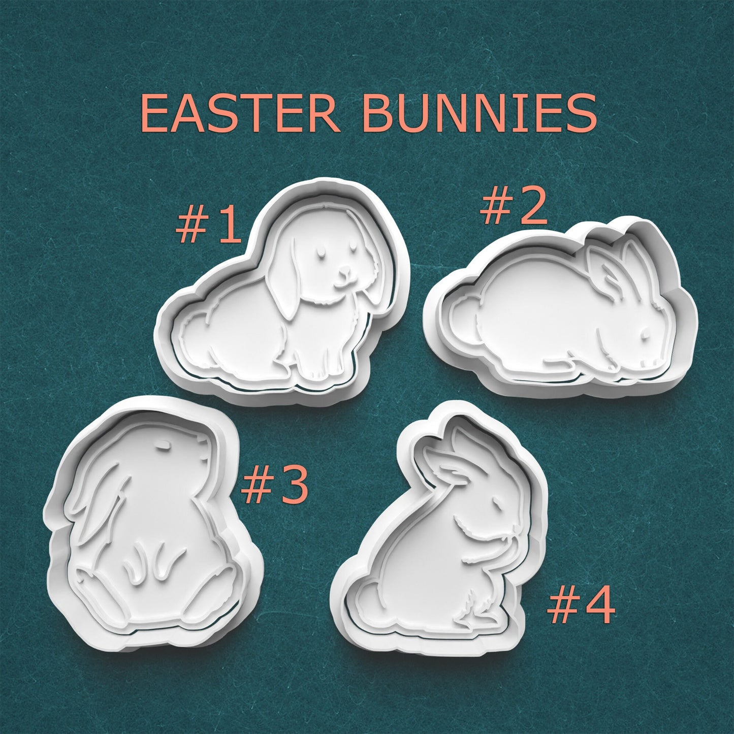Four Easter bunny-shaped cookie cutters on a teal background with 'Easter Bunnies' text above.
