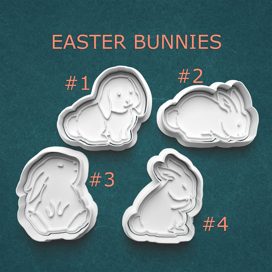 Four Easter bunny-shaped cookie cutters on a teal background with 'Easter Bunnies' text above.