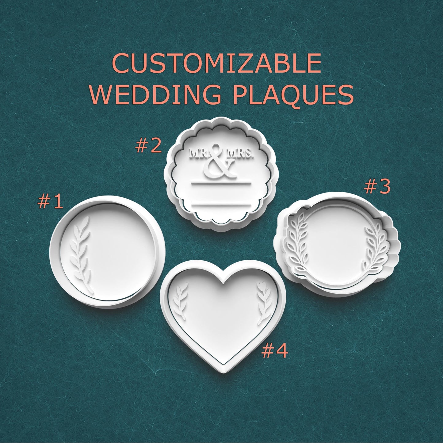 Four customizable wedding plaque designs on a teal background with text indicating 'Customizable Wedding Plaques'.