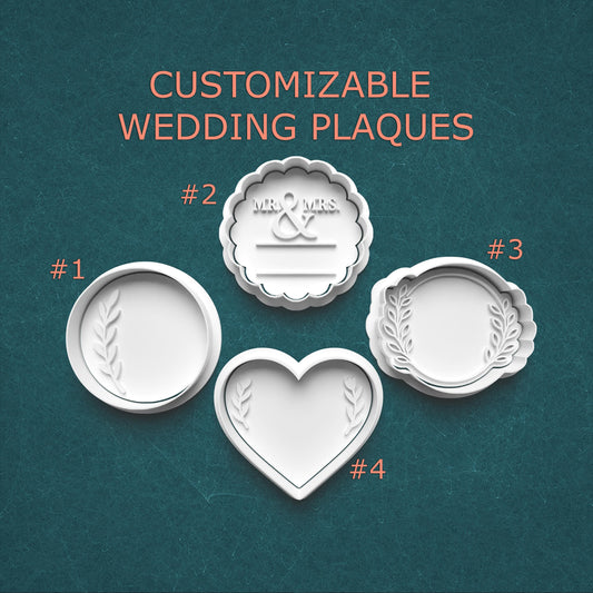 Four customizable wedding plaque designs on a teal background with text indicating 'Customizable Wedding Plaques'.
