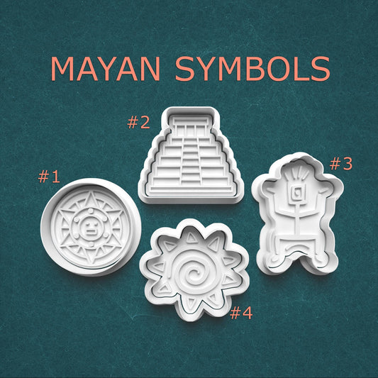 Four Mayan symbol cookie cutters on a teal background with 'Mayan Symbols' text.